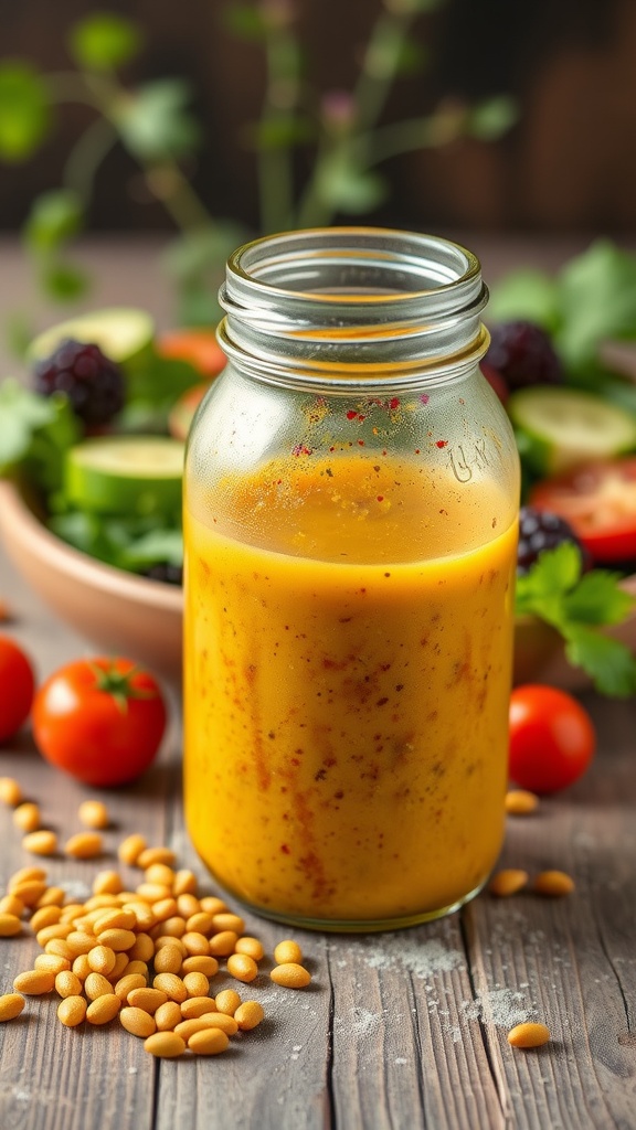A jar of tangy mustard vinaigrette surrounded by fresh vegetables and salad ingredients.