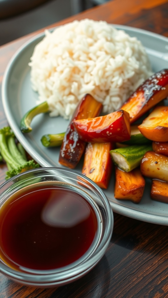 A bowl of homemade Tangy Teriyaki Sauce next to a plate of rice and grilled vegetables.