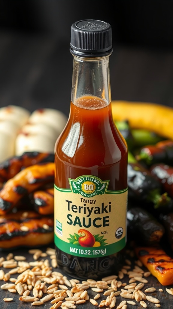 Bottle of Tangy Teriyaki Sauce surrounded by grilled vegetables and seeds.