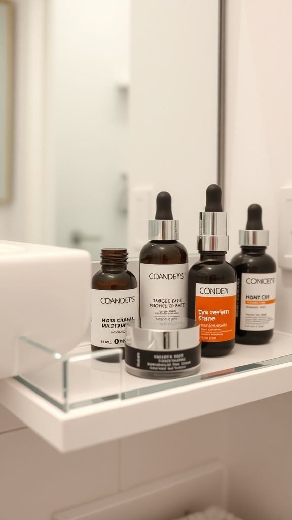 A collection of skincare products including serums and creams for targeted treatments.