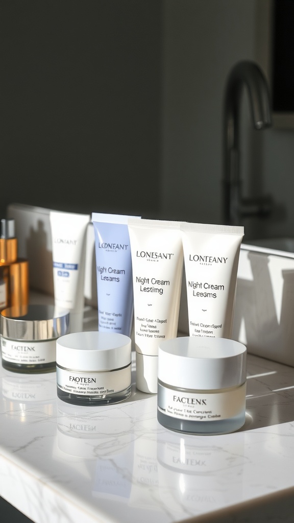 A collection of night creams on a bathroom countertop, designed to address various skin concerns.