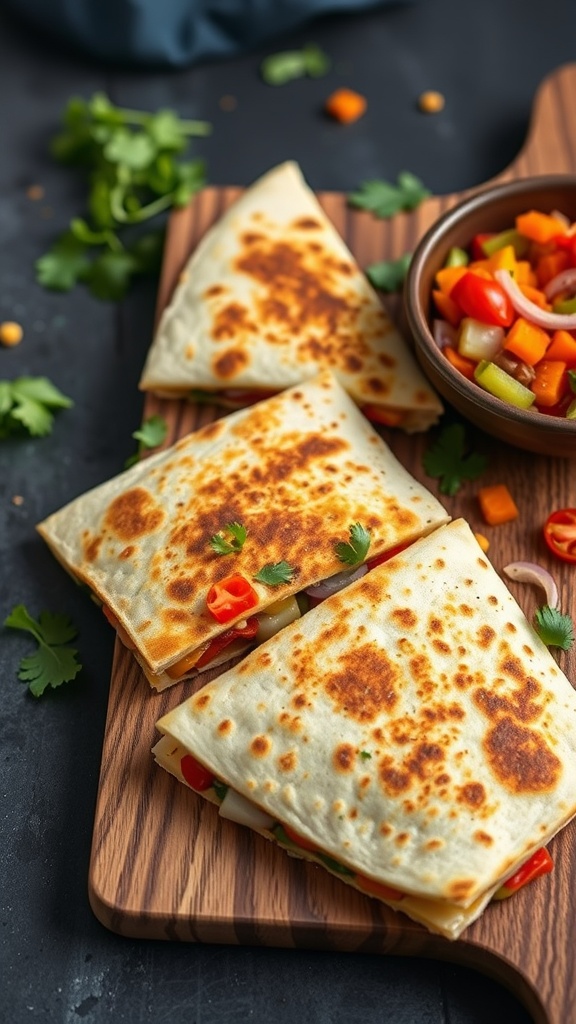 Delicious quesadillas with colorful peppers and a side of fresh salsa on a wooden board.