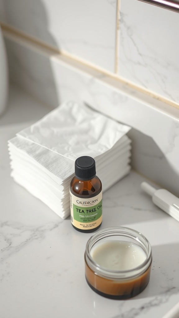 A bottle of tea tree oil next to cotton pads and a small jar on a marble countertop.