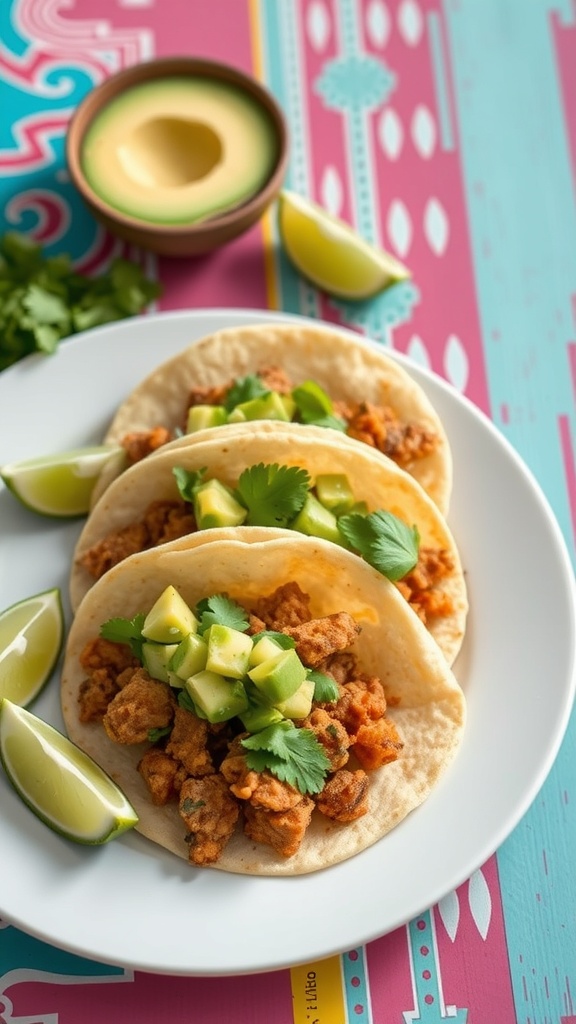 Tempeh tacos with avocado salsa on a colorful plate