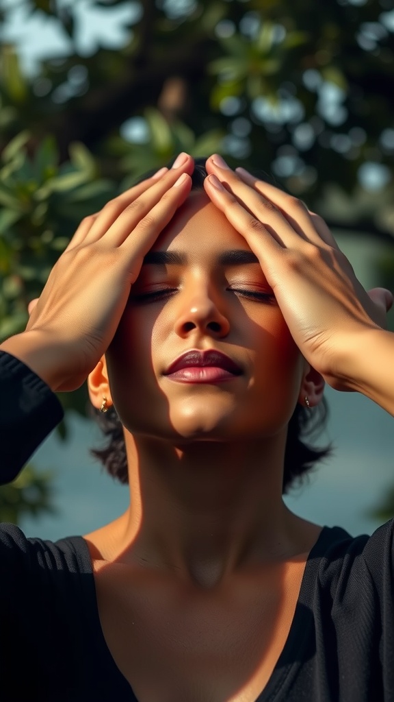 A person performing a gentle temple massage with closed eyes, focusing on relaxation and skin radiance.
