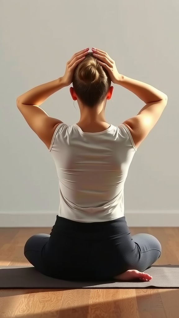 A woman performing a temple massage while seated on a yoga mat.