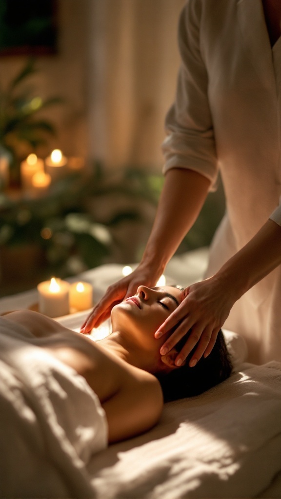 A person practicing temple massage for relaxation in a softly lit room.