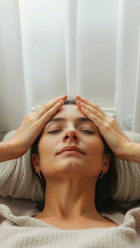 A person performing a temple massage, relaxing their facial muscles.