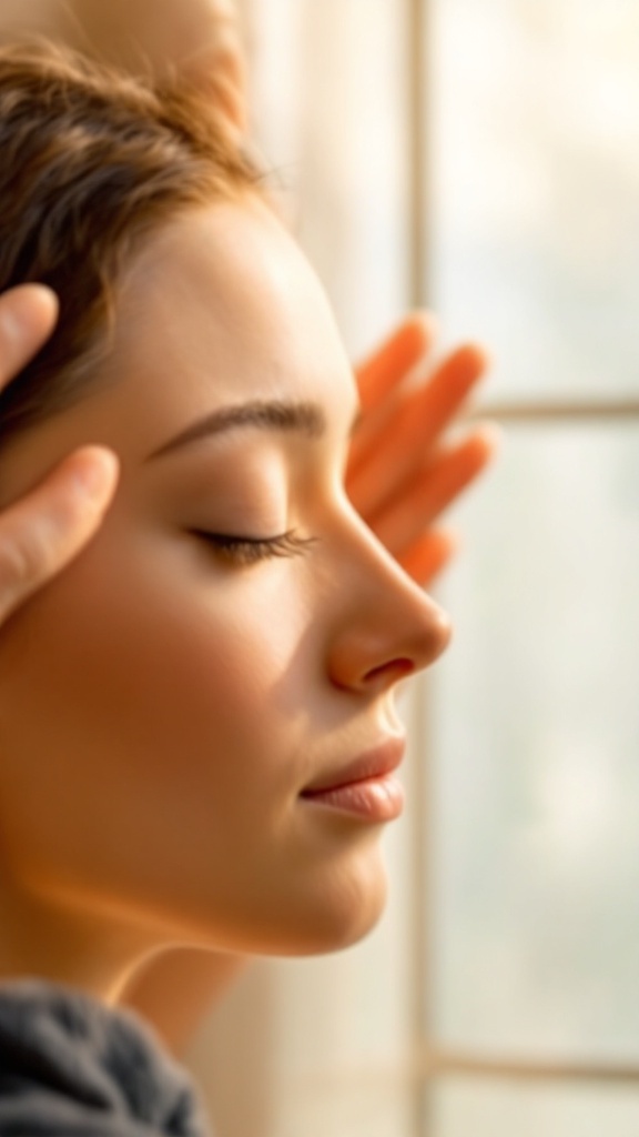 A hand positioned to press on the temples for face yoga.
