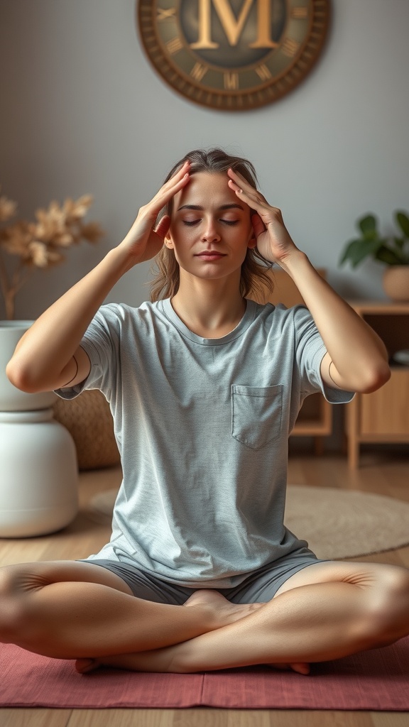 A person performing the Temple Pressure Release face yoga move while seated on a mat.