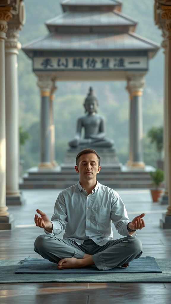 A person meditating in a serene temple setting with a Buddha statue in the background.
