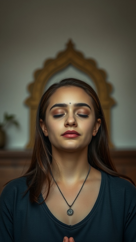 A person practicing the Temple Relaxation Technique with closed eyes, demonstrating tranquility and focus.