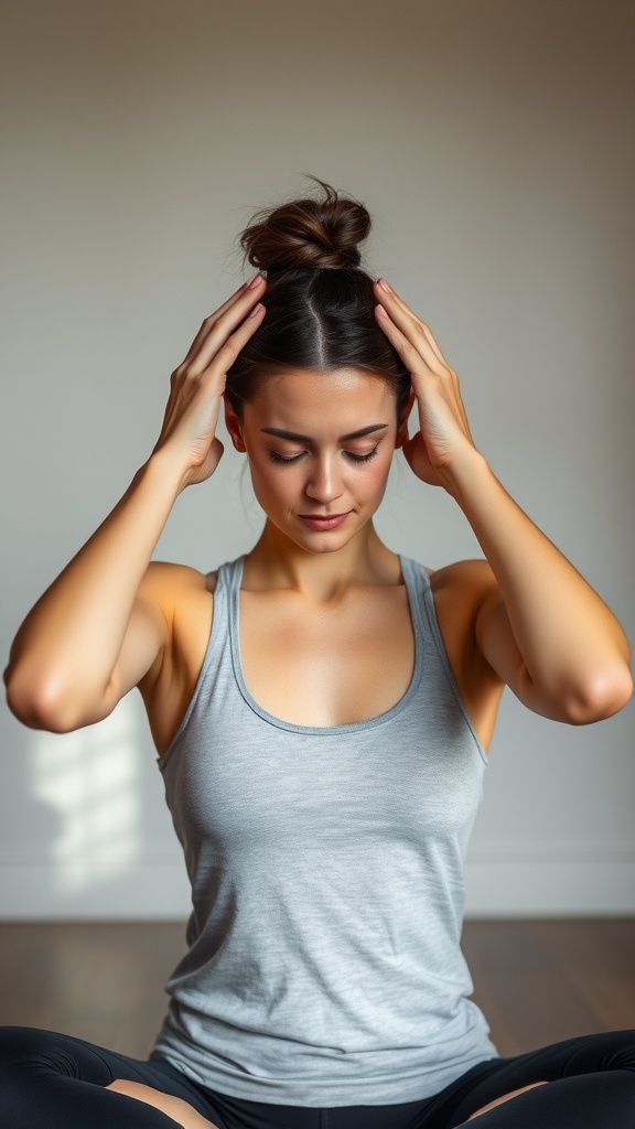 A person performing a facial yoga move, focusing on releasing tension in the temporalis area.