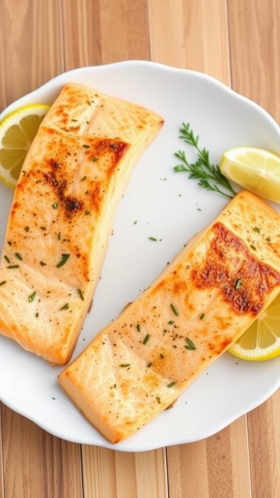 Tender air fryer salmon fillets garnished with herbs and lemon slices on a plate.