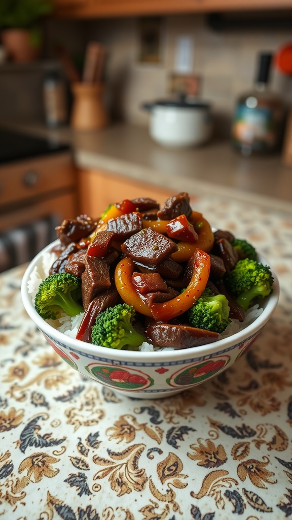 A bowl of teriyaki beef stir-fry with broccoli and bell peppers over rice.