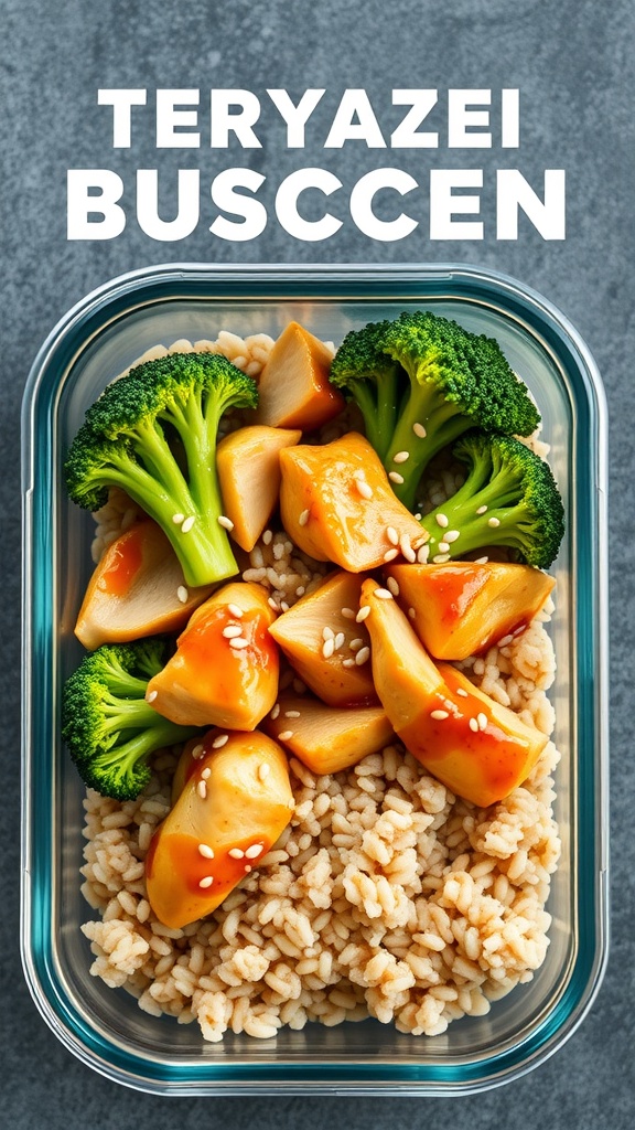 Teriyaki Chicken and Broccoli Meal Prep Bowl with rice, chicken, and broccoli in a glass container