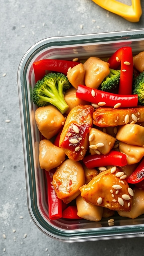 A glass container filled with teriyaki chicken, broccoli, and red bell peppers, garnished with sesame seeds.