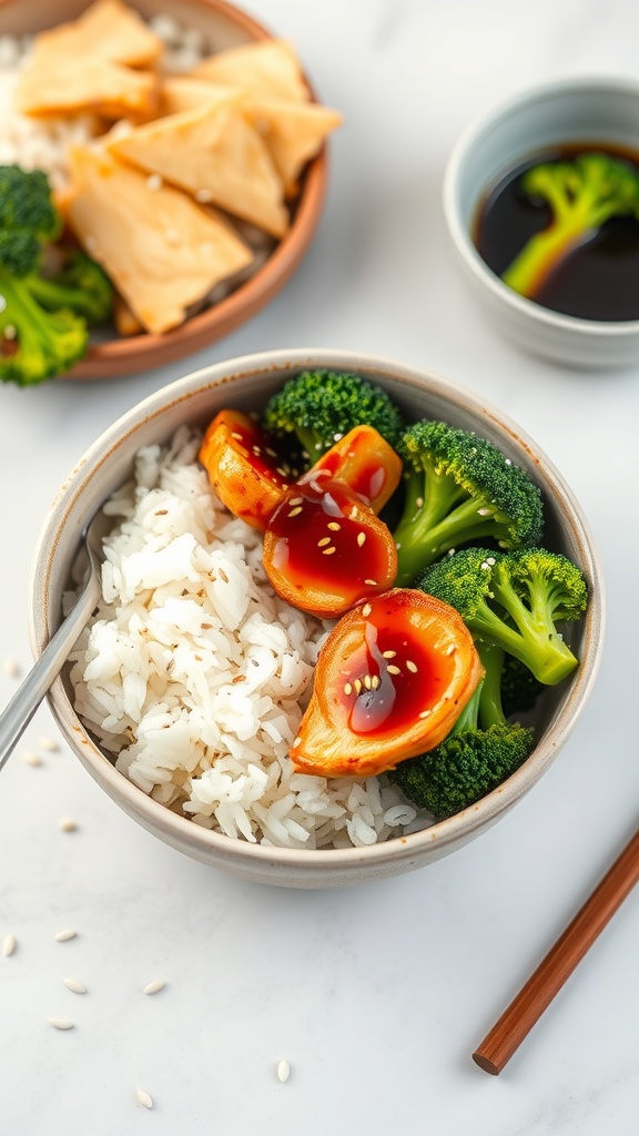 A bowl of teriyaki chicken with rice and broccoli, served with wontons and sauce.