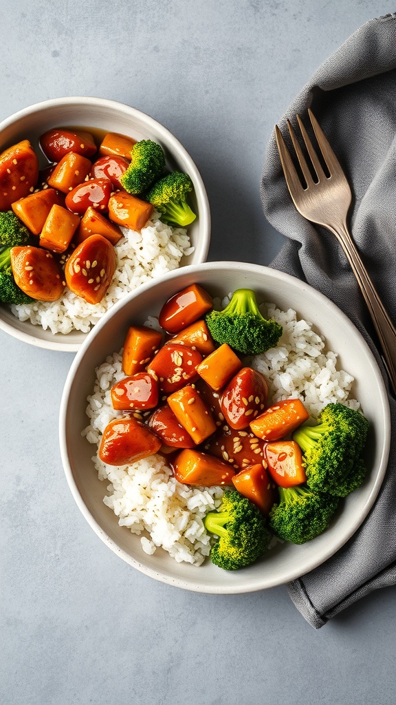 Two bowls of teriyaki chicken with rice and broccoli