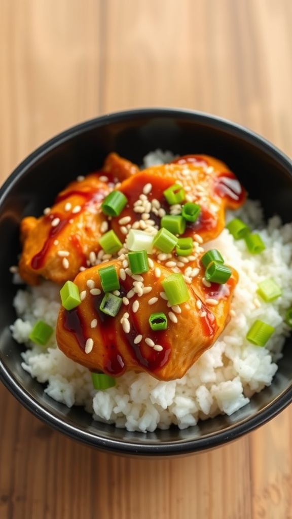 A delicious Teriyaki Chicken Rice Bowl with chicken, rice, green onions, and sesame seeds.