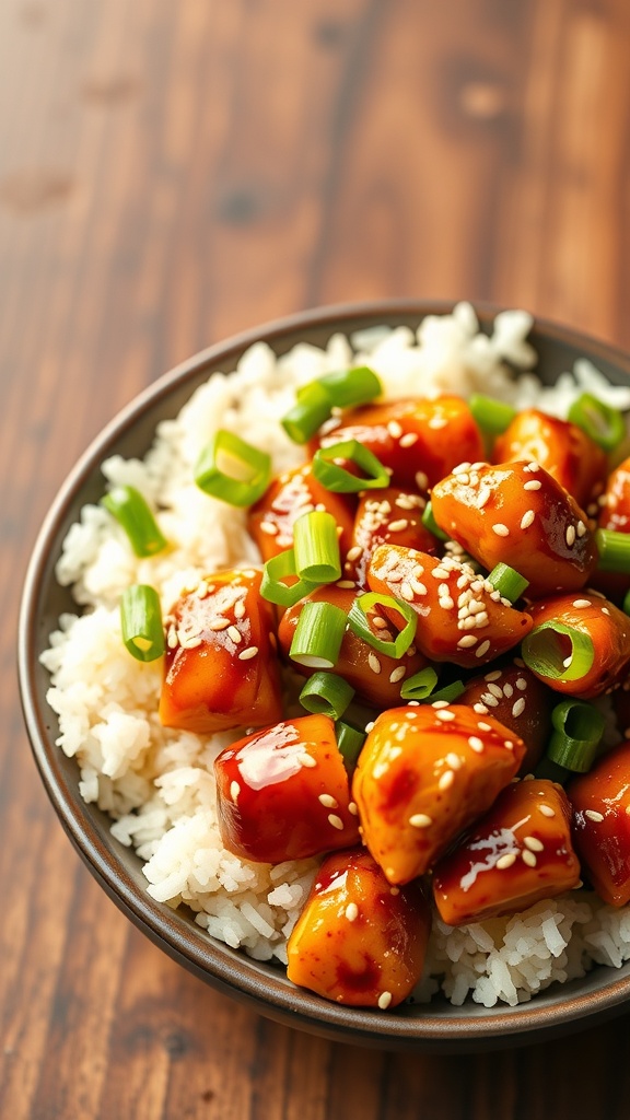 A bowl of Teriyaki Chicken Rice with green onions and sesame seeds on top.