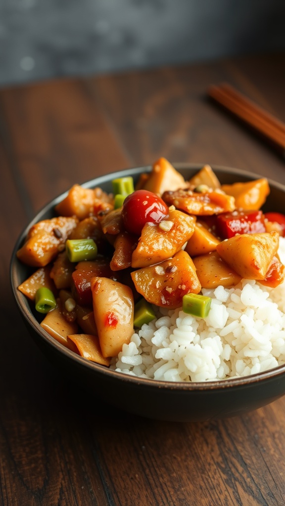 A bowl of teriyaki chicken stir-fry with rice, featuring colorful vegetables.