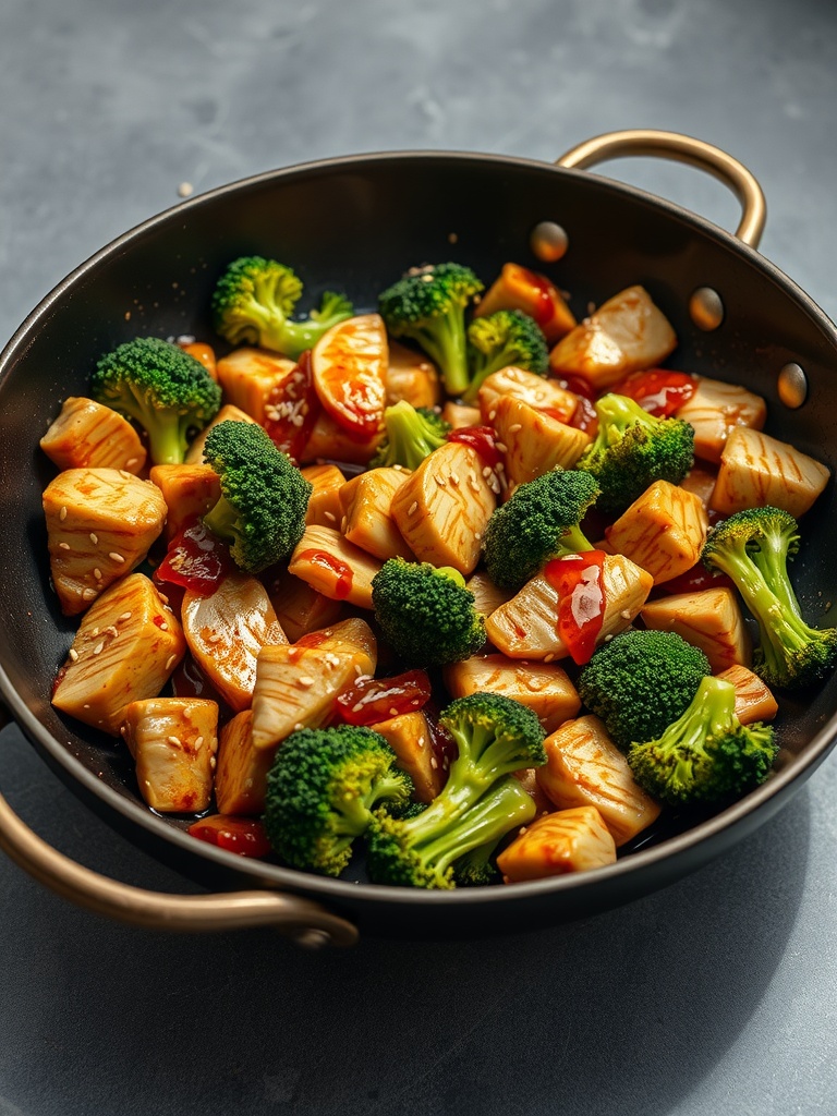 A pan filled with teriyaki chicken stir-fry featuring broccoli and colorful sauce.