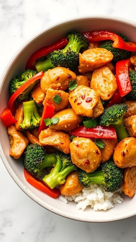 A bowl of Teriyaki Chicken Stir-Fry with Broccoli, featuring chicken pieces, broccoli, red bell peppers, and rice.