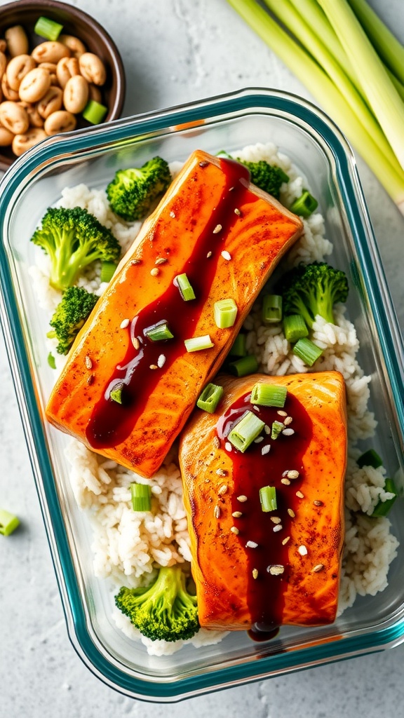 Teriyaki salmon with broccoli on rice in a meal prep container