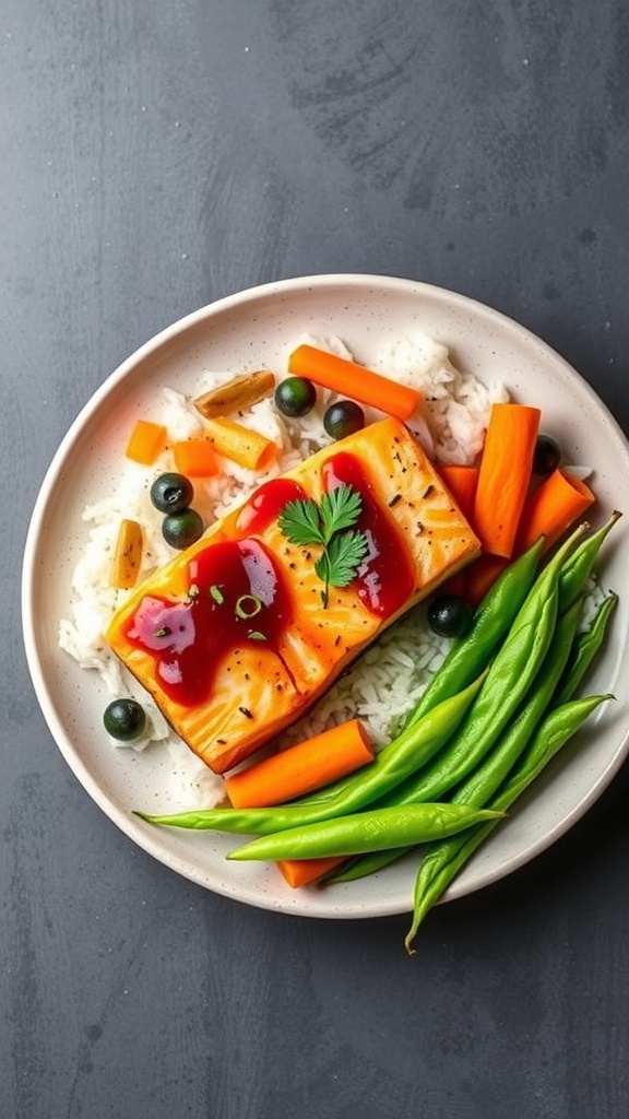 A delicious teriyaki salmon bowl with rice and vegetables.