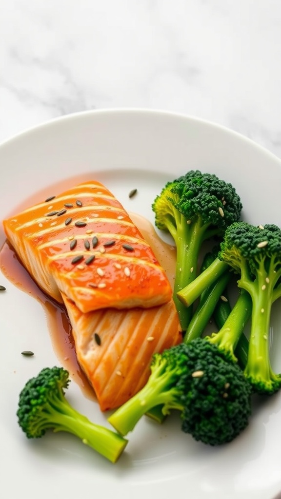 Teriyaki salmon served with steamed broccoli on a plate.