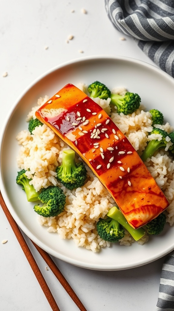 A plate of teriyaki salmon served with broccoli rice, garnished with sesame seeds.