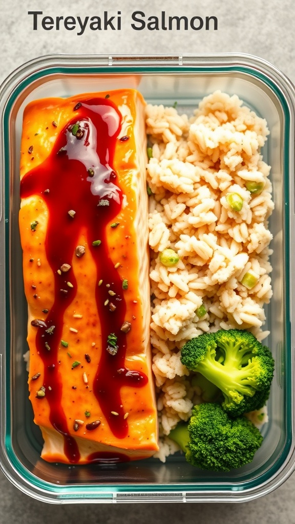 Meal prep container with teriyaki salmon, brown rice, and broccoli