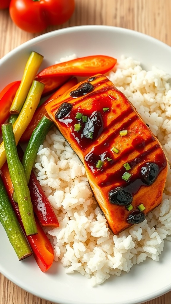 A plate of teriyaki salmon served with rice and colorful vegetables.