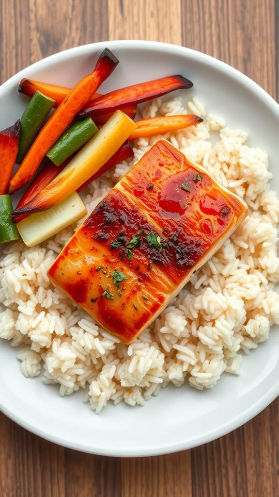 Teriyaki salmon served with rice and colorful mixed vegetables.