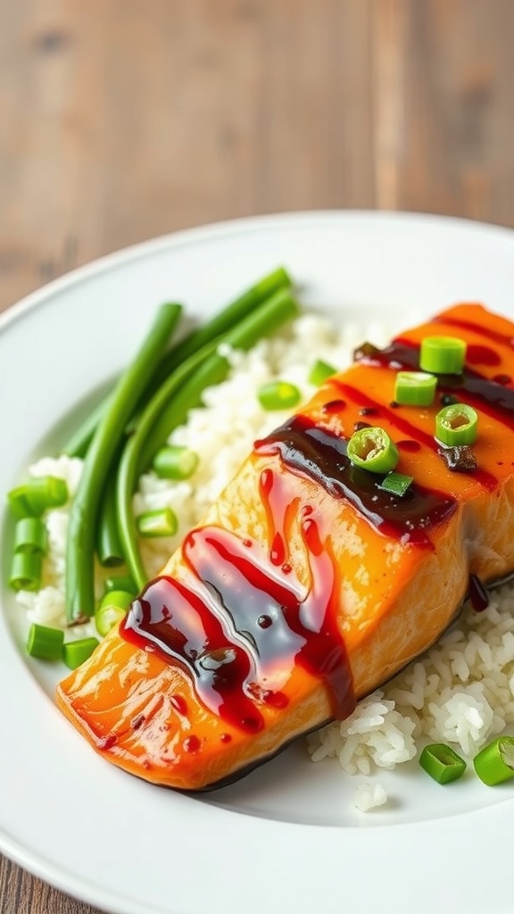 A plate of teriyaki salmon served with steamed rice and green onions