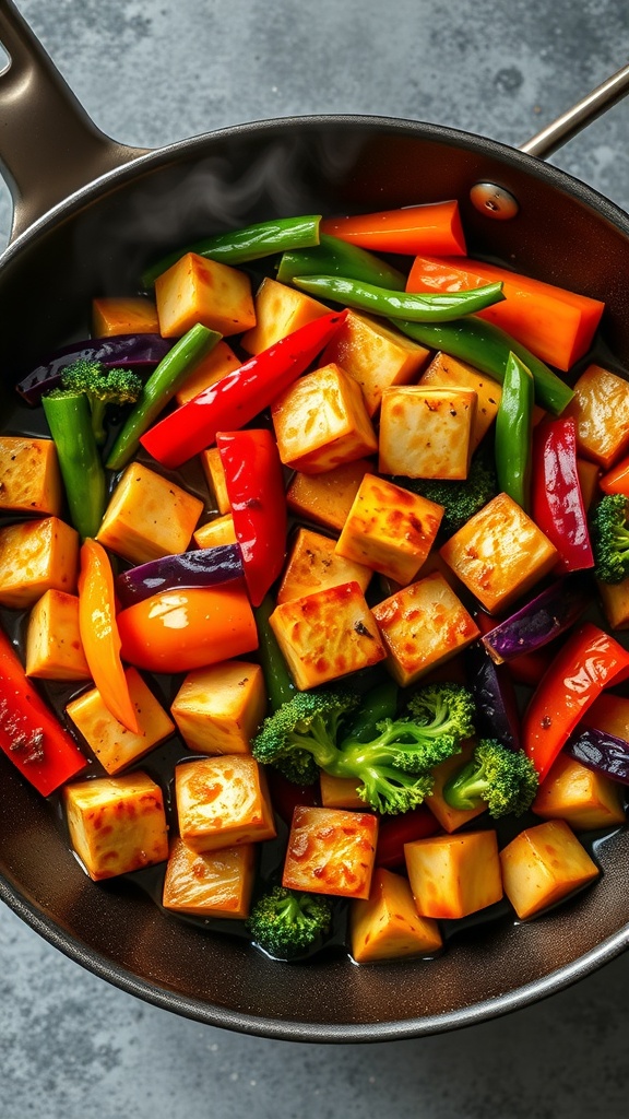 A colorful stir-fry with tofu and assorted vegetables in a pan.