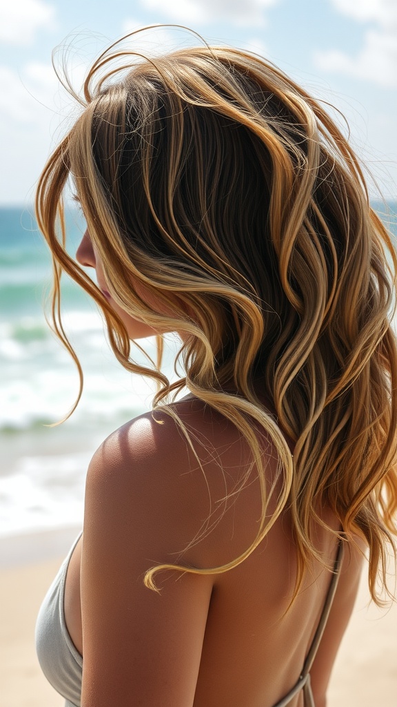 A woman with long, textured beach waves standing at the beach, with the ocean in the background.
