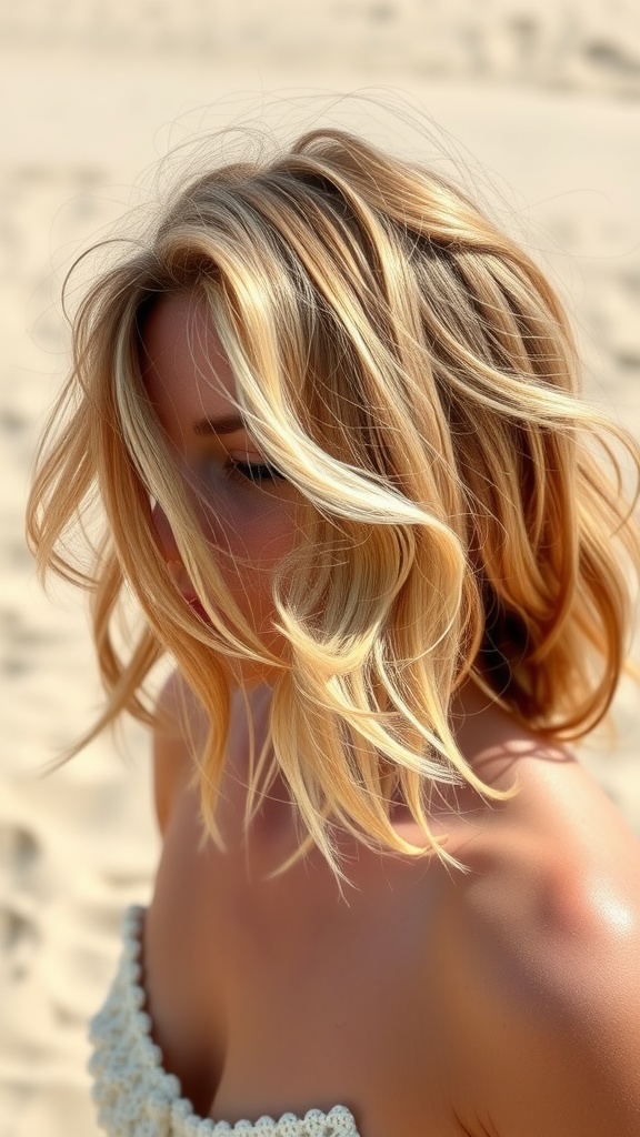 A woman with textured beach waves hairstyle, showcasing soft, flowing strands in sun-kissed tones.