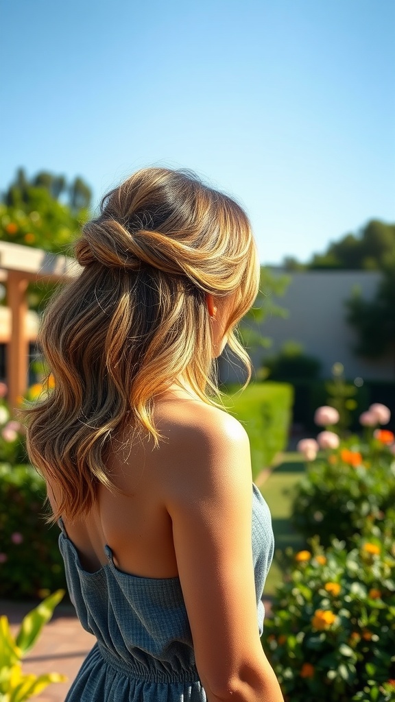 A woman with textured half-up, half-down hairstyle, showcasing soft waves and a twist at the back, with a garden background.