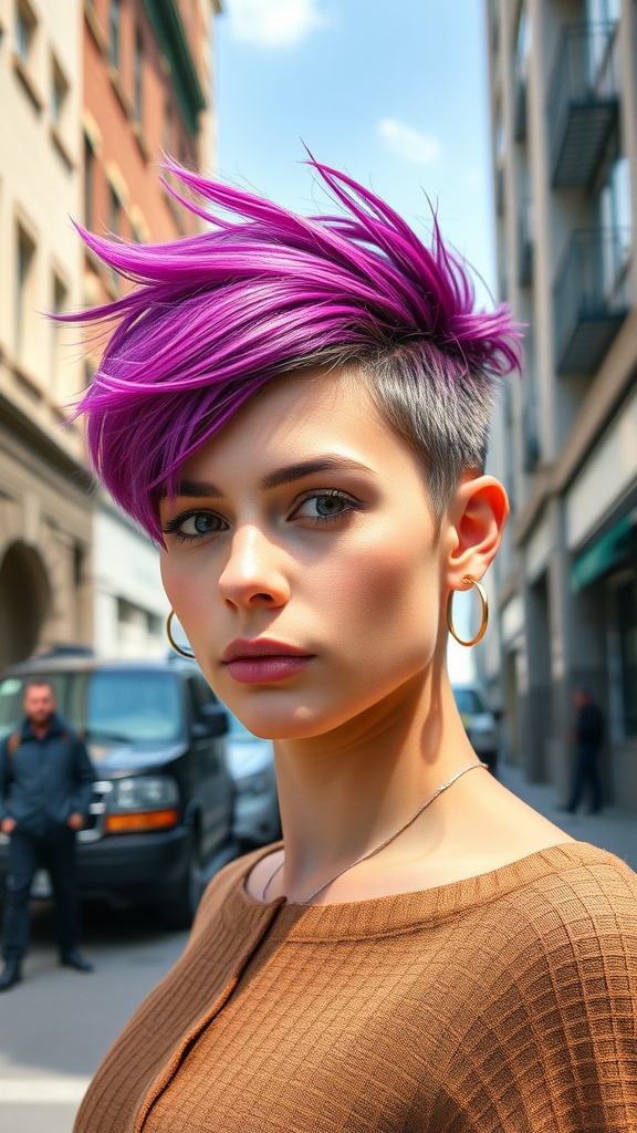 A young woman with a textured pixie cut in vibrant purple hair, standing in a city street.