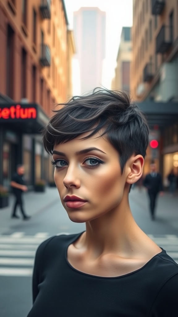 A woman with a textured pixie cut standing on a city street