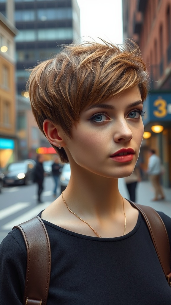 A woman with a textured pixie cut, looking stylish in an urban setting.
