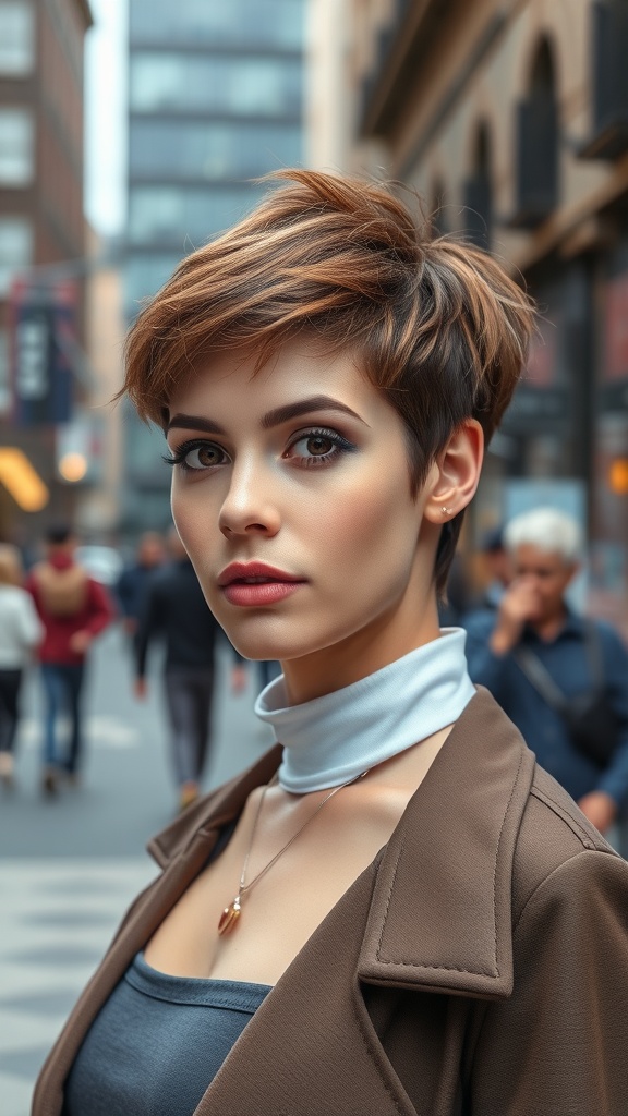 A woman with a textured pixie cut, looking stylish in a city setting.