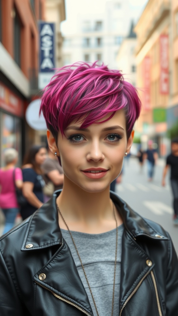 Woman with a textured pink pixie cut wearing a leather jacket in an urban setting