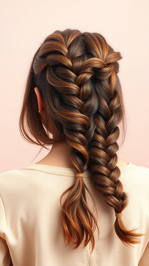 A close-up of a textured side braid hairstyle with mixed brown and caramel highlights.