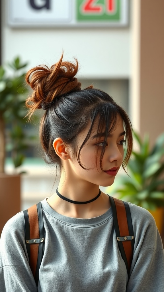 A person with a textured top knot hairstyle, wearing a gray shirt and a choker, standing in a modern setting.