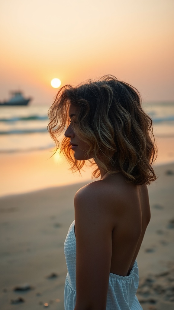 A woman with textured waves enjoying a sunset at the beach