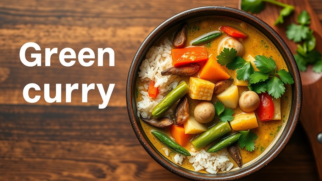 Bowl of Thai green curry with vegetables and rice.