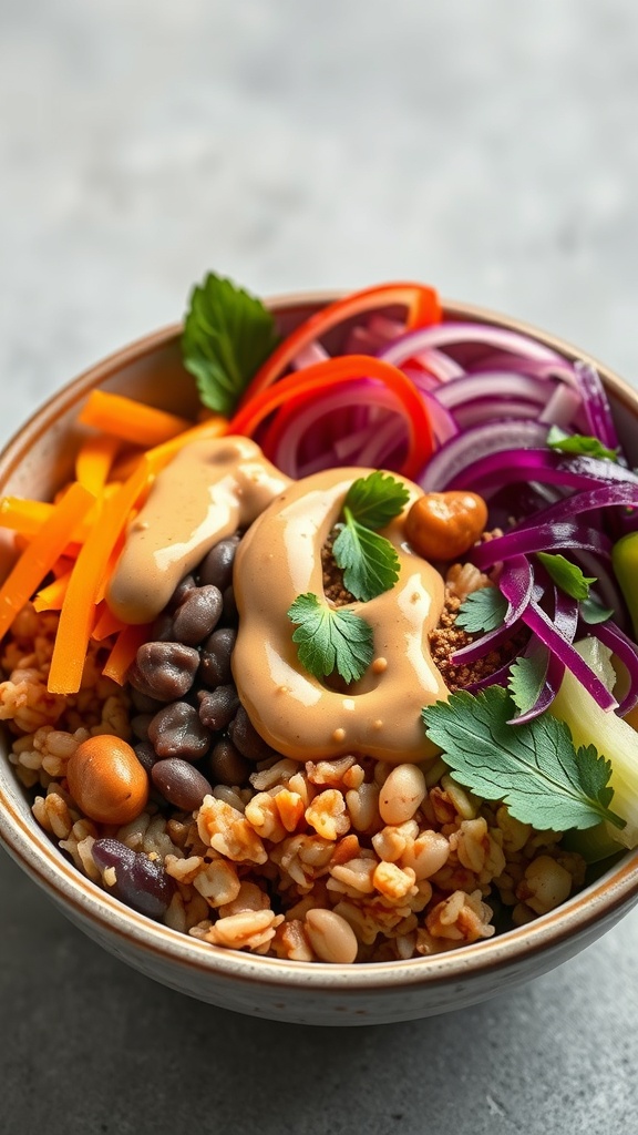 A colorful Thai Peanut Buddha Bowl filled with grains, black beans, fresh vegetables, and a creamy peanut sauce.
